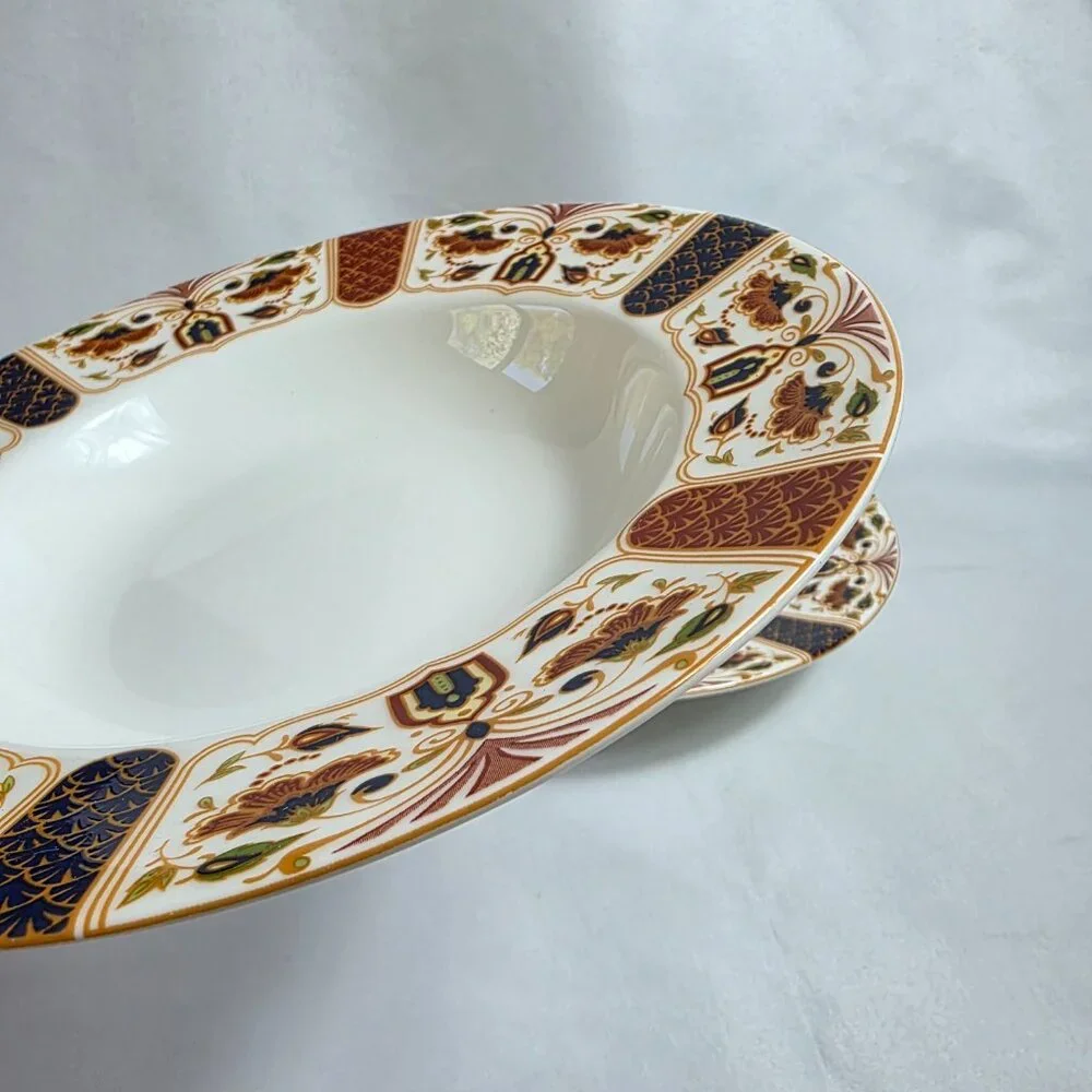 TWO Queens Imari Rim Soup Bowls Green Blue Diamond Band Floral Arches